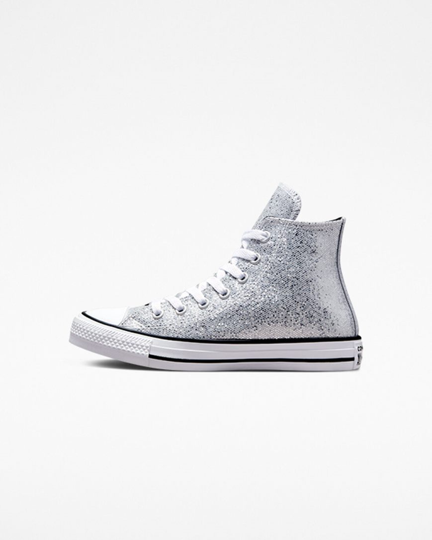 Dívčí Boty Vysoké Converse Chuck Taylor All Star Glitter Stříbrné Šedé Černé | CZ IZYD30